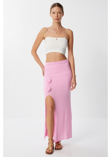 Gül Detaylı Yırtmaçlı Yazlık Triko Etek LYY0125 Pembe