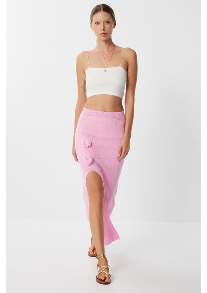 Gül Detaylı Yırtmaçlı Yazlık Triko Etek LYY0125 Pembe fiyatları