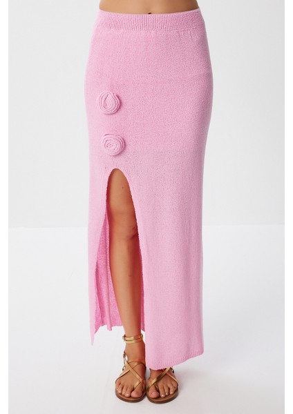 Gül Detaylı Yırtmaçlı Yazlık Triko Etek LYY0125 Pembe modelleri