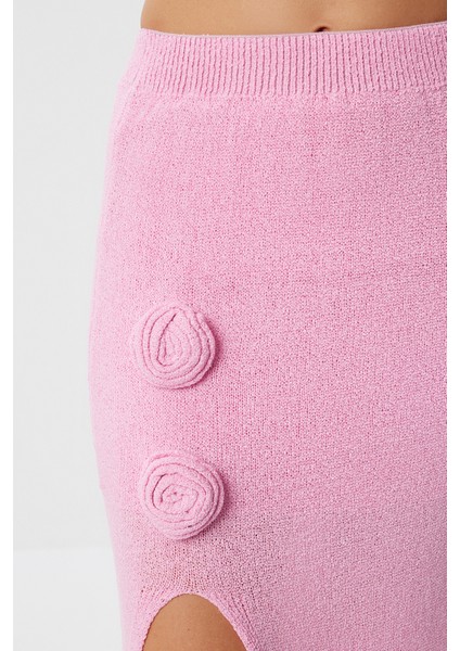Gül Detaylı Yırtmaçlı Yazlık Triko Etek LYY0125 Pembe fırsatları