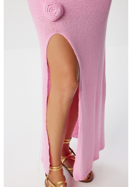 Gül Detaylı Yırtmaçlı Yazlık Triko Etek LYY0125 Pembe indirimleri