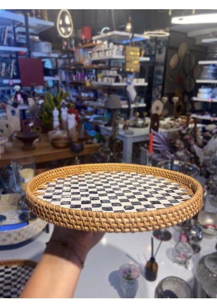 Damalı Yuvarlak Rattan Tepsi 30X2CM fiyatları