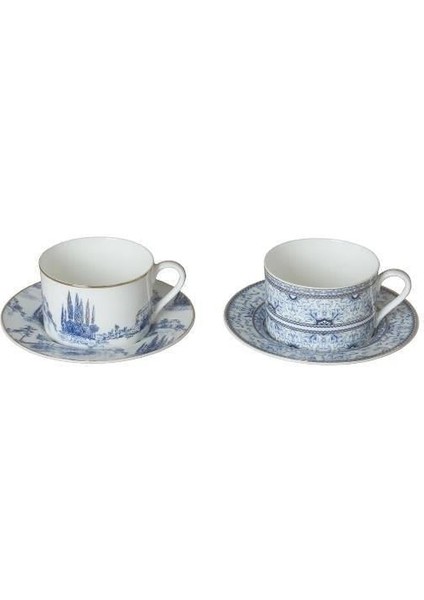 Lucky Art Florance Bone China Porselen Mavi Beyaz Naturel Barok Desenli 4 Lü Çay Fincanı Lyhd 604