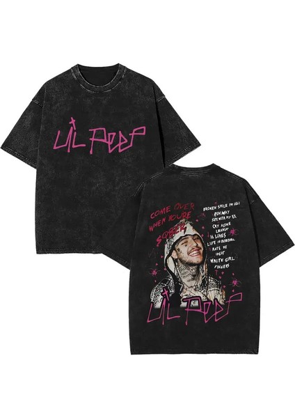 Rapçi Lil Peep Müzik Albümü Bear Crybaby Vintage Yıkanmış Tişörtler Erkek Kadın Hip Hop Büyük Boy Kısa Kollu Tişörtler Sokak Giyim Renk: FT-BLACK-Q08492/BOYUT: S (Yurt Dışından)