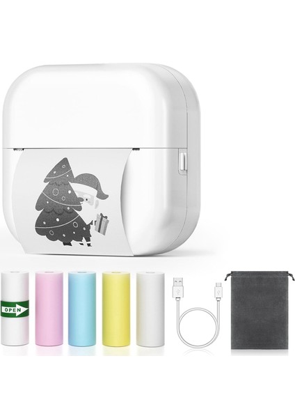 Mini Taşınabilir Yazıcı: 5 Rulo Kağıtlı Bluetooth Kablosuz Cep Mürekkepsiz Termal Yazıcı Etiket Yapıcı (Yurt Dışından)