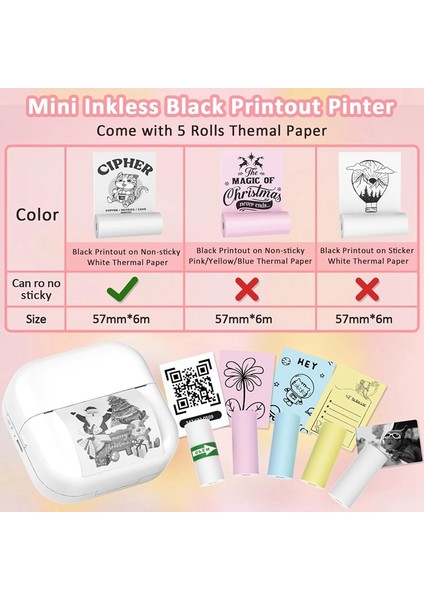 Mini Taşınabilir Yazıcı: 5 Rulo Kağıtlı Bluetooth Kablosuz Cep Mürekkepsiz Termal Yazıcı Etiket Yapıcı (Yurt Dışından) indirimleri