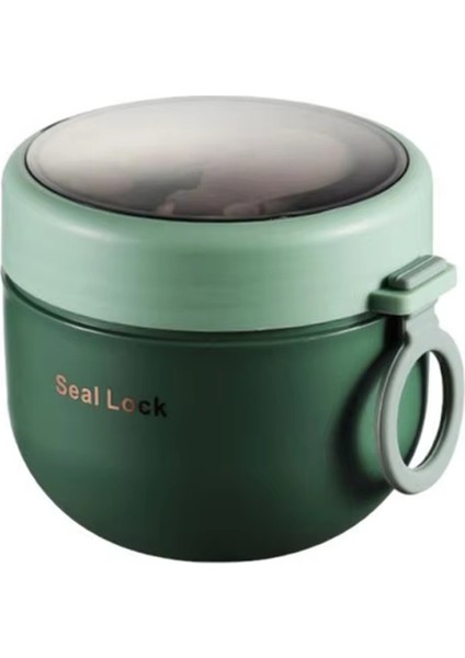Paslanmaz Çelik Vakumlu Çorba Bardağı - Kaşıklı Taşınabilir Öğle Yemeği Kutusu, Mikrodalgaya Uygun, Sevimli Tasarım Yeşil (Yurt Dışından)