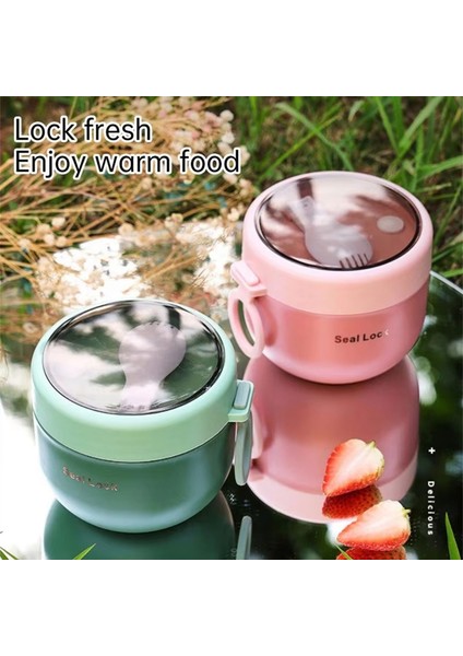 Paslanmaz Çelik Vakumlu Çorba Bardağı - Kaşıklı Taşınabilir Öğle Yemeği Kutusu, Mikrodalgaya Uygun, Sevimli Tasarım Yeşil (Yurt Dışından) indirimleri