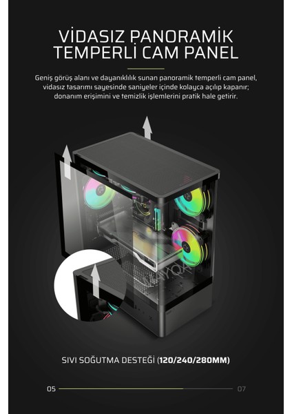 Intense Siyah 500W 80P Tuş Kontrollü Rgb 5X120MM Fanlı Özel Tak Çıkar Vidasız Kapaklar MATX Gaming Kasa modelleri