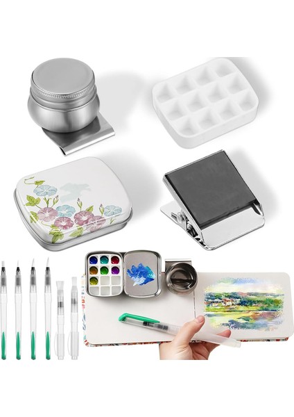 11 Parçalı Teneke Kutu, 12 Boş Suluboya Paleti, Koruyucu Kılıflı Sanatçı Fırçaları, Eskiz Suluboya Seti (Yurt Dışından)