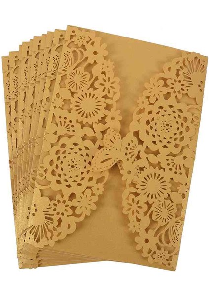 10 Adet/takım Zarif Oymalı Kelebekler Romantik Düğün Partisi Davetiye Kartı Zarf Düğün Davetiyeleri: Altın Sarısı (Yurt Dışından) modelleri