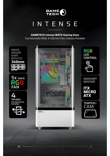 Intense Beyaz 600W 80P Tuş Kontrol Rgb 5X120MM Fan Özel Tak Çıkar Vidasız Kapaklar MATX Gaming Kasa