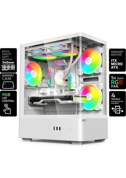 Intense Beyaz 600W 80P Tuş Kontrol Rgb 5X120MM Fan Özel Tak Çıkar Vidasız Kapaklar MATX Gaming Kasa fiyatları