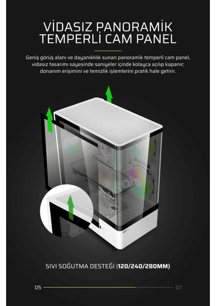 Intense Beyaz 600W 80P Tuş Kontrol Rgb 5X120MM Fan Özel Tak Çıkar Vidasız Kapaklar MATX Gaming Kasa modelleri