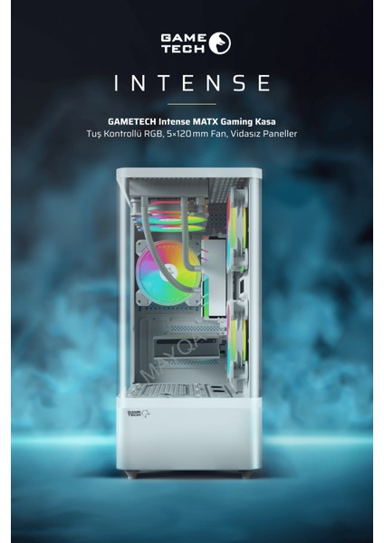 Intense Beyaz 600W 80P Tuş Kontrol Rgb 5X120MM Fan Özel Tak Çıkar Vidasız Kapaklar MATX Gaming Kasa