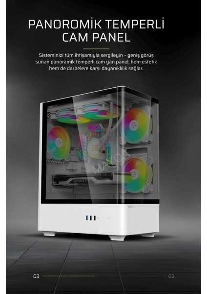 Intense Beyaz 600W 80P Tuş Kontrol Rgb 5X120MM Fan Özel Tak Çıkar Vidasız Kapaklar MATX Gaming Kasa