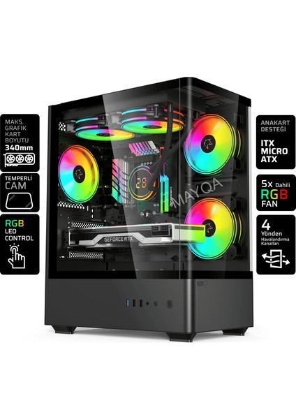 Intense Siyah Tuş Kontrollü Rgb 5X120 mm Fan Özel Tak Çıkar Vidasız Kapaklar MATX Gaming Kasa