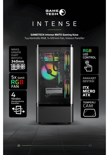 Intense Siyah Tuş Kontrollü Rgb 5X120 mm Fan Özel Tak Çıkar Vidasız Kapaklar MATX Gaming Kasa fiyatları