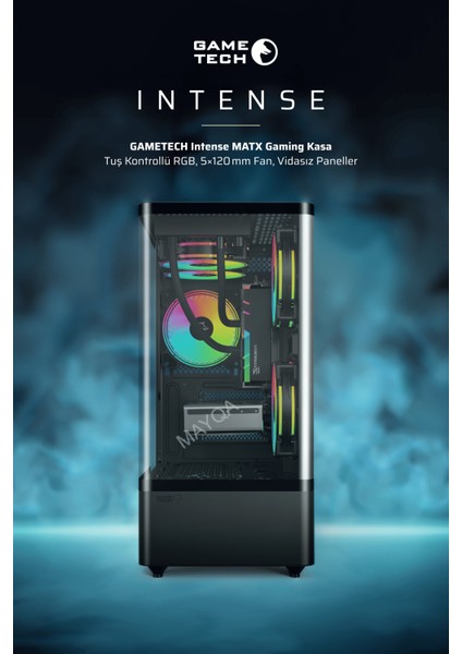 Intense Siyah Tuş Kontrollü Rgb 5X120 mm Fan Özel Tak Çıkar Vidasız Kapaklar MATX Gaming Kasa