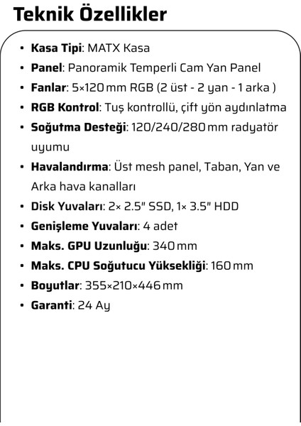 Intense Siyah Tuş Kontrollü Rgb 5X120 mm Fan Özel Tak Çıkar Vidasız Kapaklar MATX Gaming Kasa