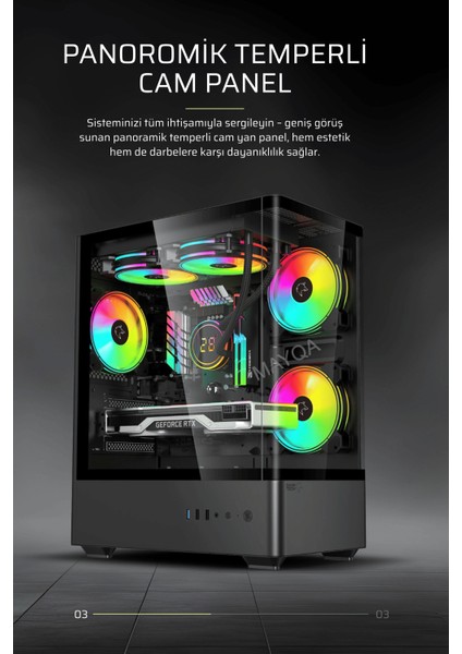 Intense Siyah Tuş Kontrollü Rgb 5X120 mm Fan Özel Tak Çıkar Vidasız Kapaklar MATX Gaming Kasa