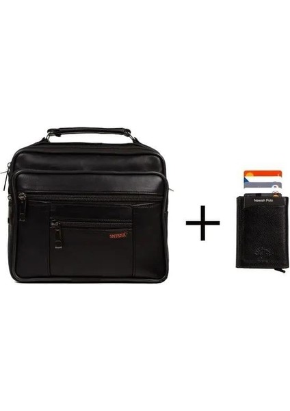 Erkek Hakiki Deri El Omuz Çantası ve Mekanizmalı Cüzdan NEW154 - Siyah