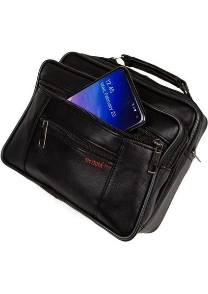 Erkek Hakiki Deri El Omuz Çantası ve Mekanizmalı Cüzdan NEW154 - Siyah