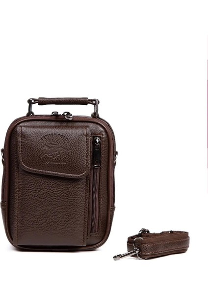 Erkek Mekanizmalı Cüzdan ve Deri Çelik Kasalı Kapaklı Omuz ve El Çantası (17X22CM) NEW188 - Kahve - Kahve