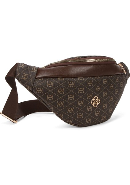 Kadın Desenli Mekanizmalı Cüzdan ve Çapraz Omuz Askılı Bel ve Omuz Çantası - Kahverengi - NEW345