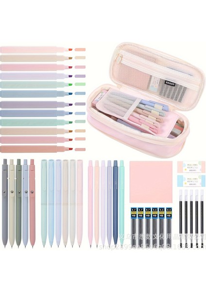 44 Parçalı Set, Büyük Kapasiteli Defter Fosforlu Kalem Öğrenci Boyama Jel Kalem Kırtasiye Kutusu Kalem Çantası Kombinasyon Seti (Yurt Dışından)