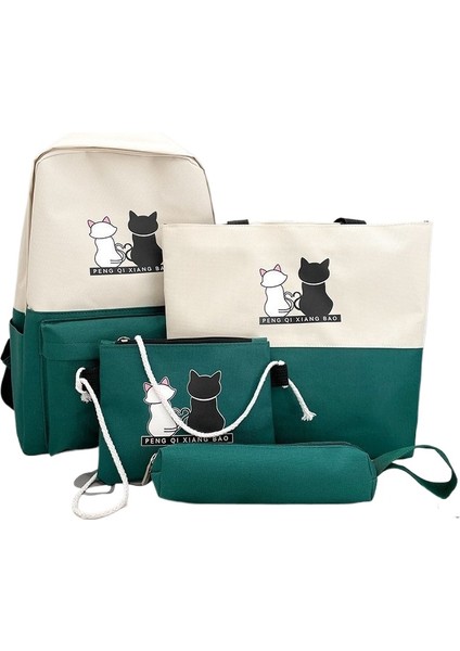 Öğrenci Sırt Çantası Dört Parçalı Set Kampüs Tatlı Sırt Çantası Kalem Kutusu Tuval Baskı Karikatür Desenli Sırt Çantası (Yurt Dışından)