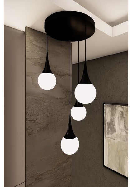 Liora Siyah Modern Metal Avize - Beyaz Cam, 4'lü Sarkıt, E27 Duy, Dekoratif Aydınlatma