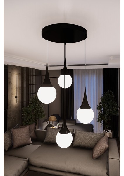 Liora Siyah Modern Metal Avize - Beyaz Cam, 4'lü Sarkıt, E27 Duy, Dekoratif Aydınlatma modelleri