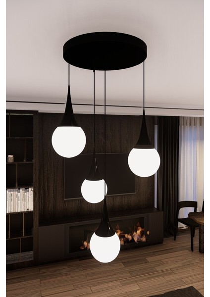Liora Siyah Modern Metal Avize - Beyaz Cam, 4'lü Sarkıt, E27 Duy, Dekoratif Aydınlatma fırsatları