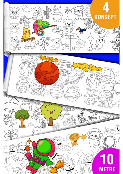 4 Konsept Boyama Rulosu Büyük Boy Toplam 10 Metre Rulo Boyama Kağıdı Çocuk Anaokulu ve Kreşler Için Aktivite Çocuk Eğitici Boyama