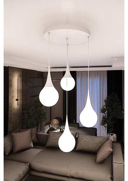 Liora Beyaz Modern Metal Avize - Beyaz Cam, 4'lü Sarkıt, E27 Duy, Dekoratif Aydınlatma