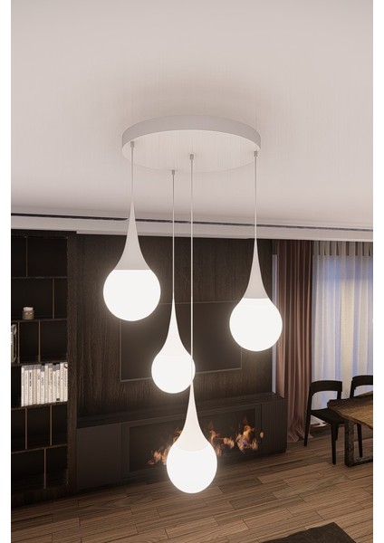 Liora Beyaz Modern Metal Avize - Beyaz Cam, 4'lü Sarkıt, E27 Duy, Dekoratif Aydınlatma fiyatları