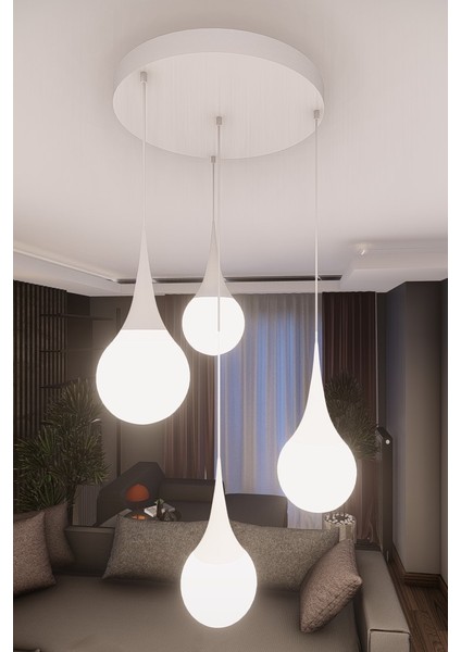 Liora Beyaz Modern Metal Avize - Beyaz Cam, 4'lü Sarkıt, E27 Duy, Dekoratif Aydınlatma modelleri