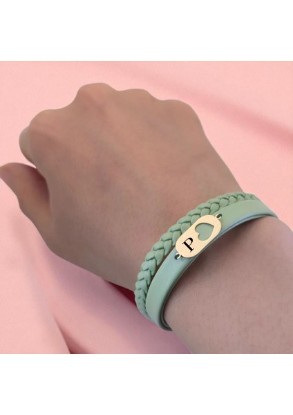 14 Ayar Plakalı Altın P Harfine Özel Kalp Figürlü Doğal Siyah Derili Hediye BILEKLIK-557HARF