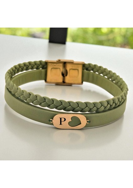 14 Ayar Plakalı Altın P Harfine Özel Kalp Figürlü Doğal Siyah Derili Hediye BILEKLIK-557HARF fiyatları