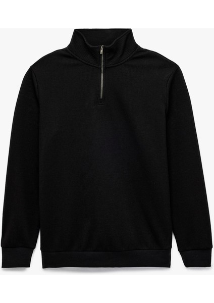Dokulu Uzun Kollu Yarım Fermuarlı Sweatshirt
