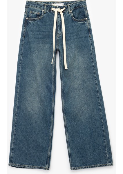Standart Bel Regular Fit Geniş Paça Bağcıklı Jean Pantolon - Wide Leg Jeans