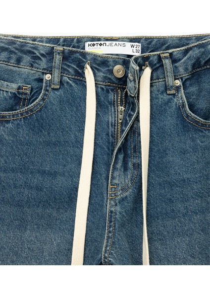 Standart Bel Regular Fit Geniş Paça Bağcıklı Jean Pantolon - Wide Leg Jeans fırsatları