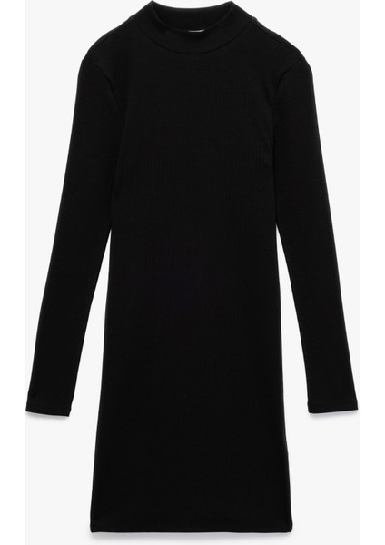 Pamuklu Kaşkorse Slim Fit Uzun Kollu Dik Yaka Diz Üstü Elbise