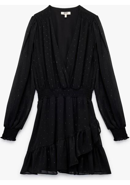 Uzun Kollu Kruvaze Yaka Dokulu Katlı Gipeli Şifon Mini Elbise modelleri