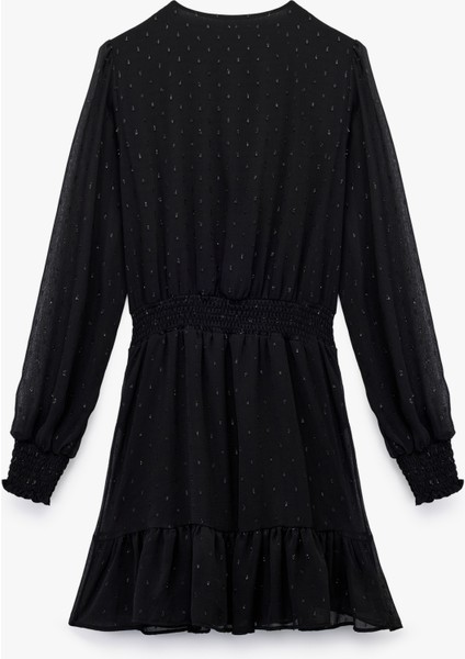 Uzun Kollu Kruvaze Yaka Dokulu Katlı Gipeli Şifon Mini Elbise fırsatları