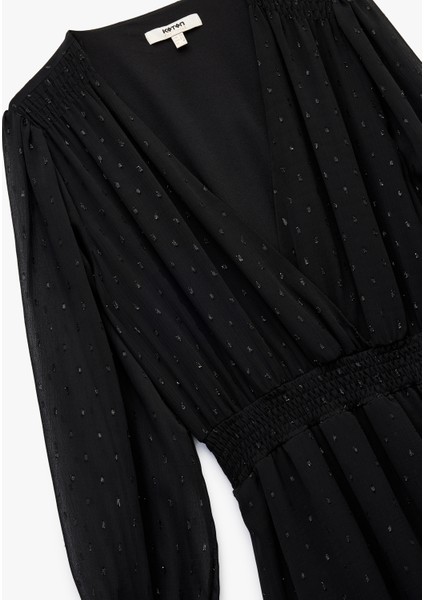 Uzun Kollu Kruvaze Yaka Dokulu Katlı Gipeli Şifon Mini Elbise indirimleri