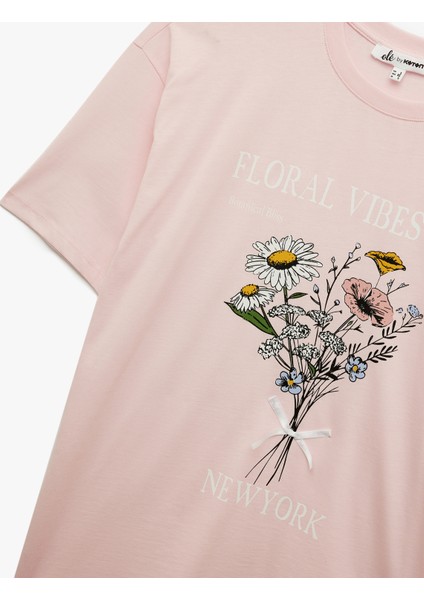 Rahat Kalıp Kısa Kollu Bisiklet Yaka Pamuklu Çiçek Baskılı Tişört modelleri