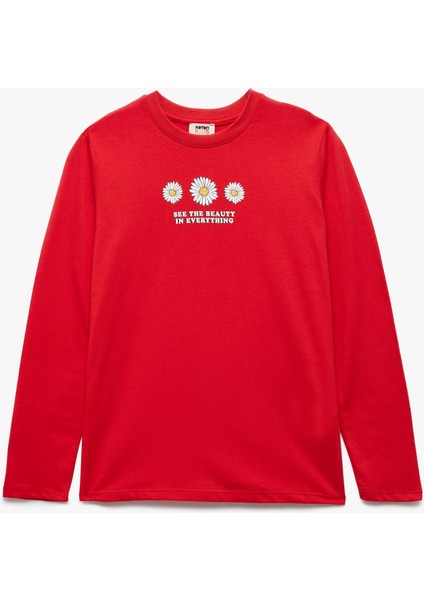 Uzun Kollu Bisiklet Yaka Çiçek Baskılı Pamuklu Tişört