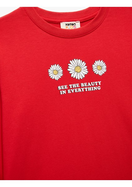 Uzun Kollu Bisiklet Yaka Çiçek Baskılı Pamuklu Tişört modelleri